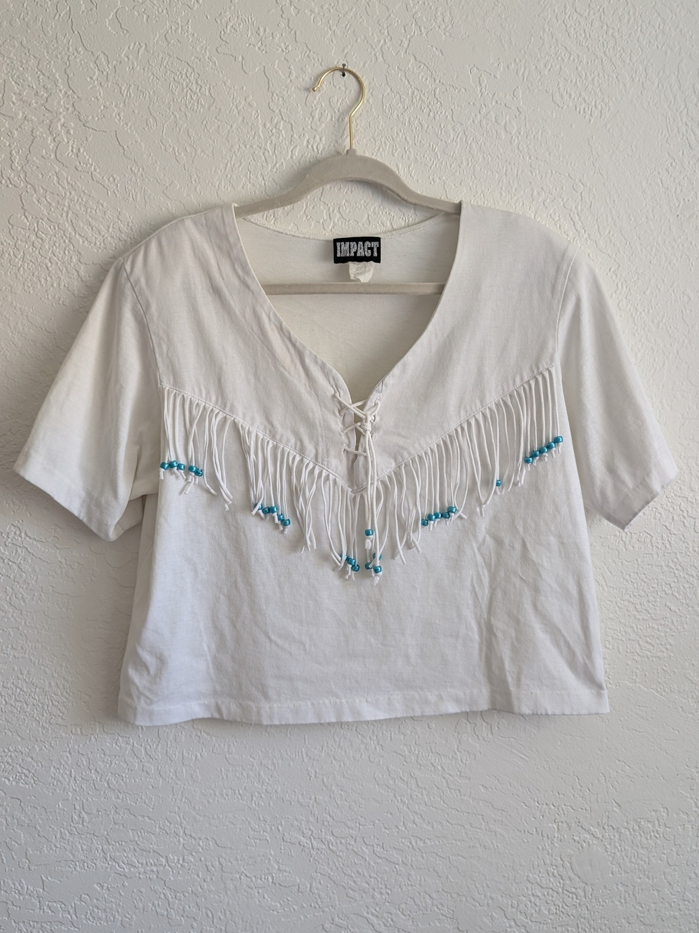 Vintage Pact White Fringe Crop Top with Turquoise Bead Accents